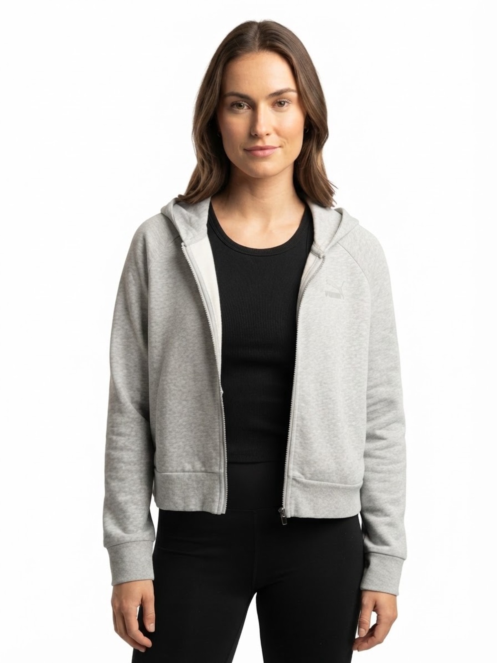 Puma Heather Gray Full Zip Cropped Hoodie Sweatshirt Women's Size S